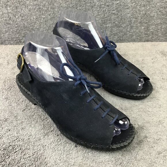 Natural Sport Navy Blue Sandal Wedge Heel Nubuck Leather Peep Toe Size 7M - Picture 2 of 8